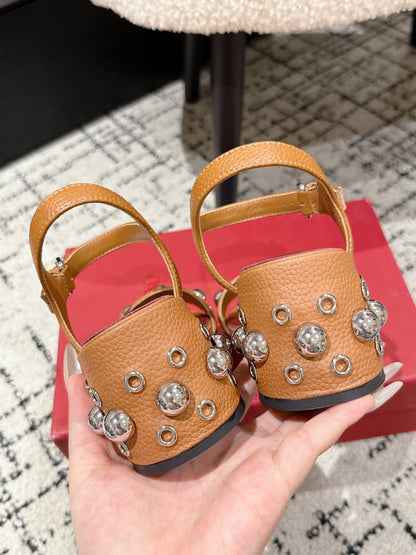 VLTN STUDDED BLOCK HEEL SANDALS 25S 60 MM IN BROWN LAMBSKIN