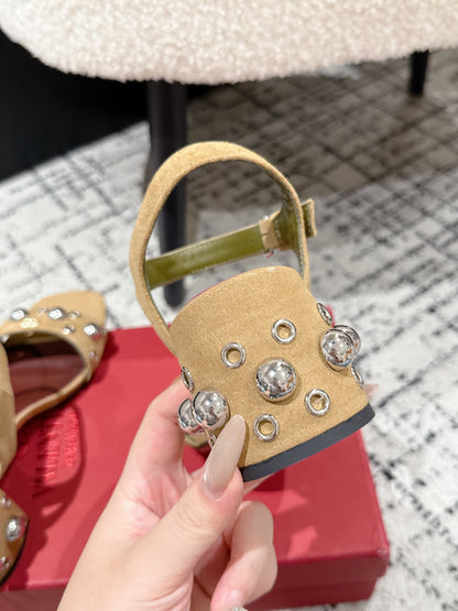 VLTN STUDDED BLOCK HEEL SANDALS 25S 60 MM IN LIGHT BROWN SUEDE