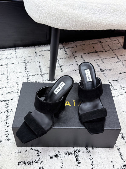 ALAIA 26S DOUBLE STRAP WEDGE SANDALS 70 MM IN BLACK SUEDE
