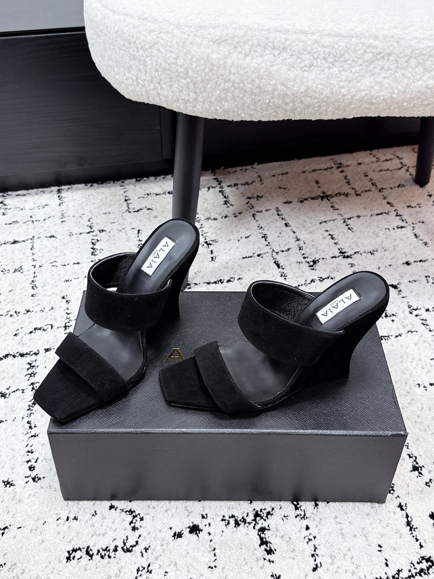 ALAIA 26S DOUBLE STRAP WEDGE SANDALS 70 MM IN BLACK SUEDE