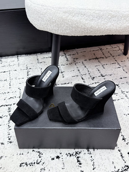 ALAIA 26S DOUBLE STRAP WEDGE SANDALS 95 MM IN BLACK SUEDE