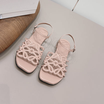LOEWE 26S SQUARE TOE SANDALS IN PINK CALFSKIN LOGO