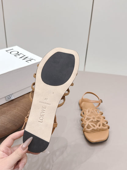 LOEWE 26S SQUARE TOE SANDALS IN LIGHT BROWN CALFSKIN LOGO