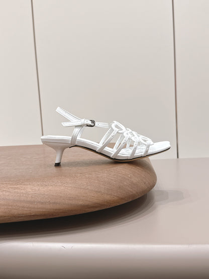 LOEWE 26S SQUARE TOE HEEL SANDALS 50MM IN WHITE CALFSKIN LOGO
