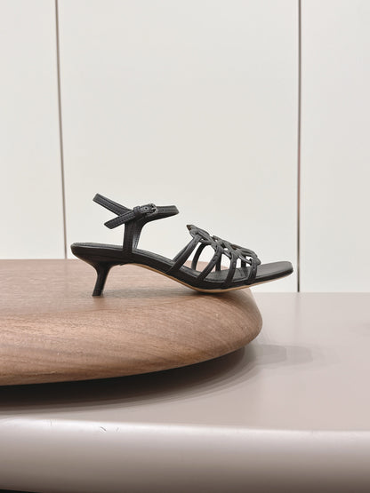 LOEWE 26S SQUARE TOE HEEL SANDALS 50MM IN BLACK CALFSKIN LOGO