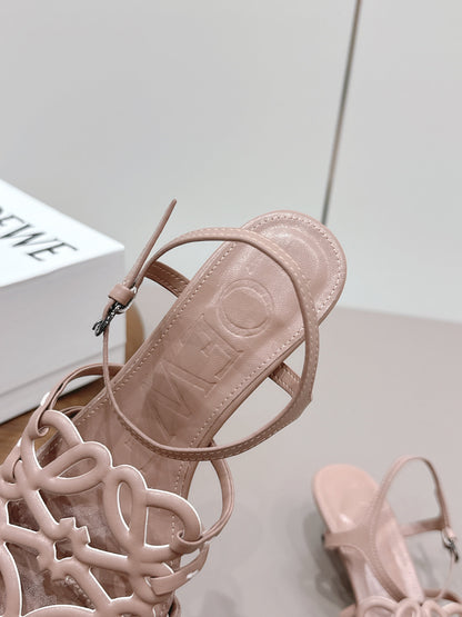 LOEWE 26S SQUARE TOE HEEL SANDALS 50MM IN PINK CALFSKIN LOGO