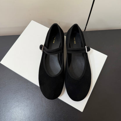 THE ROW 26S MARY JANE BALLET FLATS IN BLACK SUEDE WITH SILVER HARDWARE