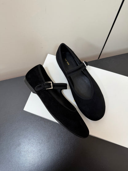 THE ROW 26S MARY JANE BALLET FLATS IN BLACK SUEDE WITH SILVER HARDWARE