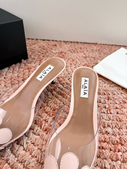 ALAIA 26S POINTED-TOE MULE HEELS IN NUDE PINK LAMBSKIN AND TRANSPARENT PVC