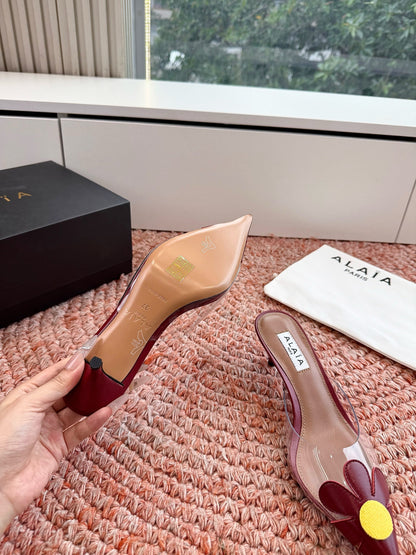 ALAIA 26S POINTED-TOE MULE HEELS IN DARK RED LAMBSKIN AND TRANSPARENT PVC