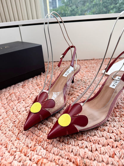 ALAIA 26S POINTED-TOE SLINGBACK HEELS IN DARK RED LAMBSKIN AND TRANSPARENT PVC