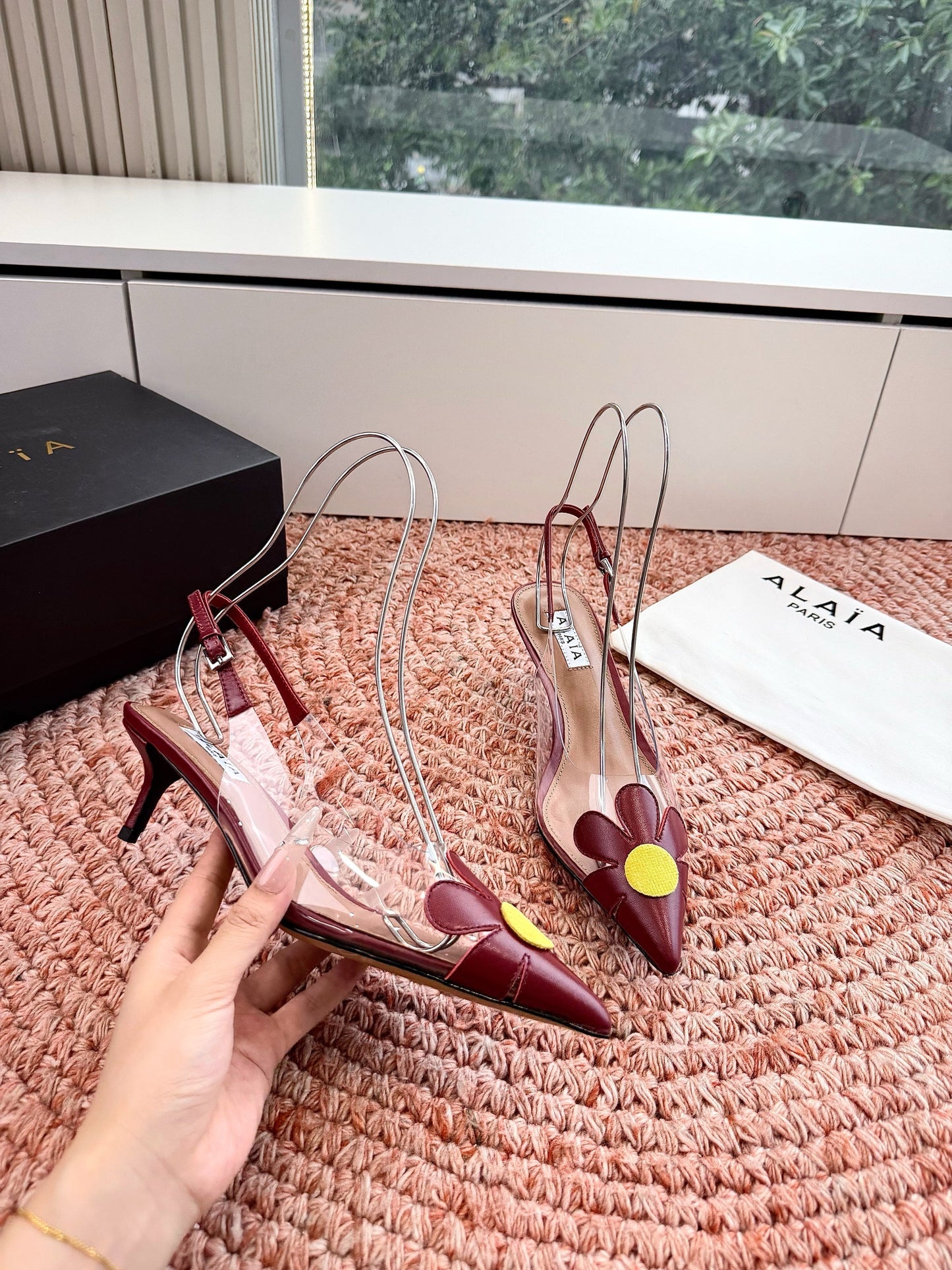 ALAIA 26S POINTED-TOE SLINGBACK HEELS IN DARK RED LAMBSKIN AND TRANSPARENT PVC