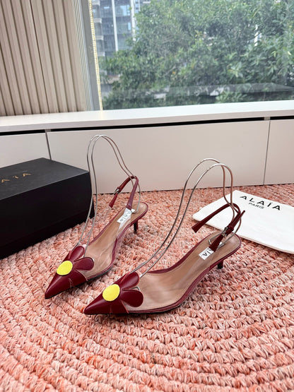 ALAIA 26S POINTED-TOE SLINGBACK HEELS IN DARK RED LAMBSKIN AND TRANSPARENT PVC