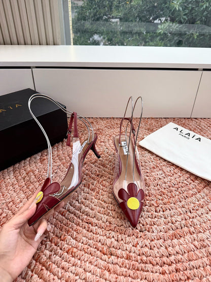ALAIA 26S POINTED-TOE SLINGBACK HEELS IN DARK RED LAMBSKIN AND TRANSPARENT PVC