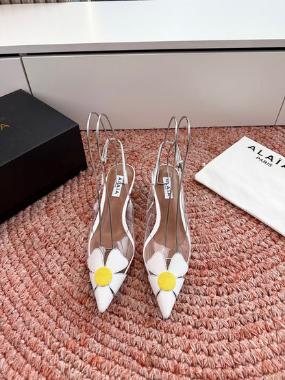 ALAIA 26S SLINGBACK HEELS IN WHITE LAMBSKIN AND TRANSPARENT PVC