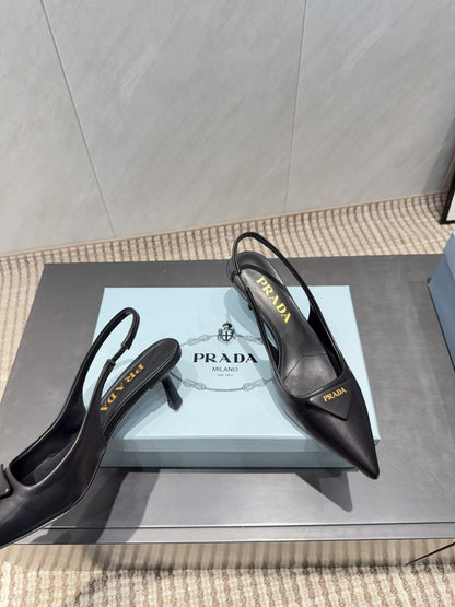 PRADA 26S POINTED TOE SLINGBACK HIGH HEELS 55MM IN BLACK SHEEPSKIN WITH LOGO