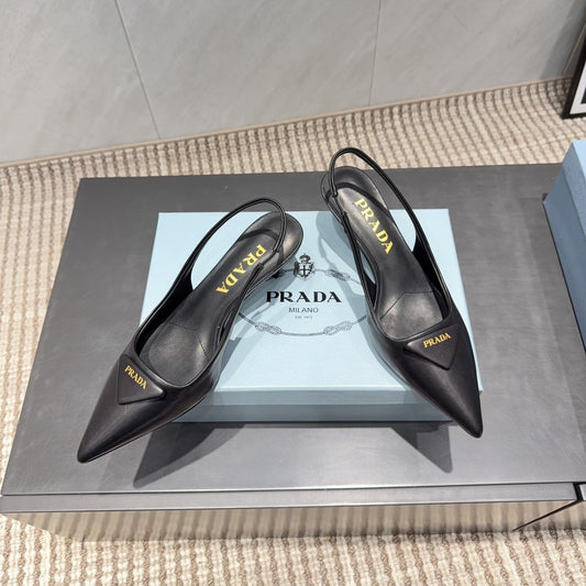 PRADA 26S POINTED TOE SLINGBACK HIGH HEELS 55MM IN BLACK SHEEPSKIN WITH LOGO