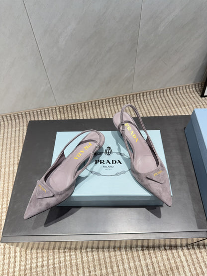 PRADA 26S POINTED TOE SLINGBACK HIGH HEELS 55MM IN TAUPE BROWN SUEDE WITH LOGO