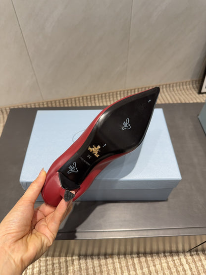 PRADA 26S POINTED TOE PUMPS 55MM IN DEEP WINE RED SHEEPSKIN