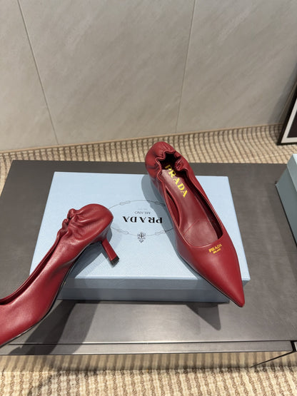 PRADA 26S POINTED TOE PUMPS 55MM IN DEEP WINE RED SHEEPSKIN WITH LOGO