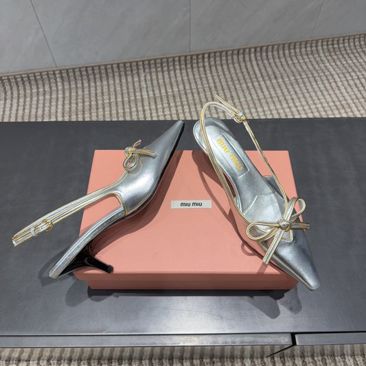 MIUMIU 26S SLINGBACK 55MM IN SILVER CALFSKIN WITH BOW