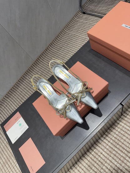 MIUMIU 26S SLINGBACK 55MM IN SILVER CALFSKIN WITH BOW