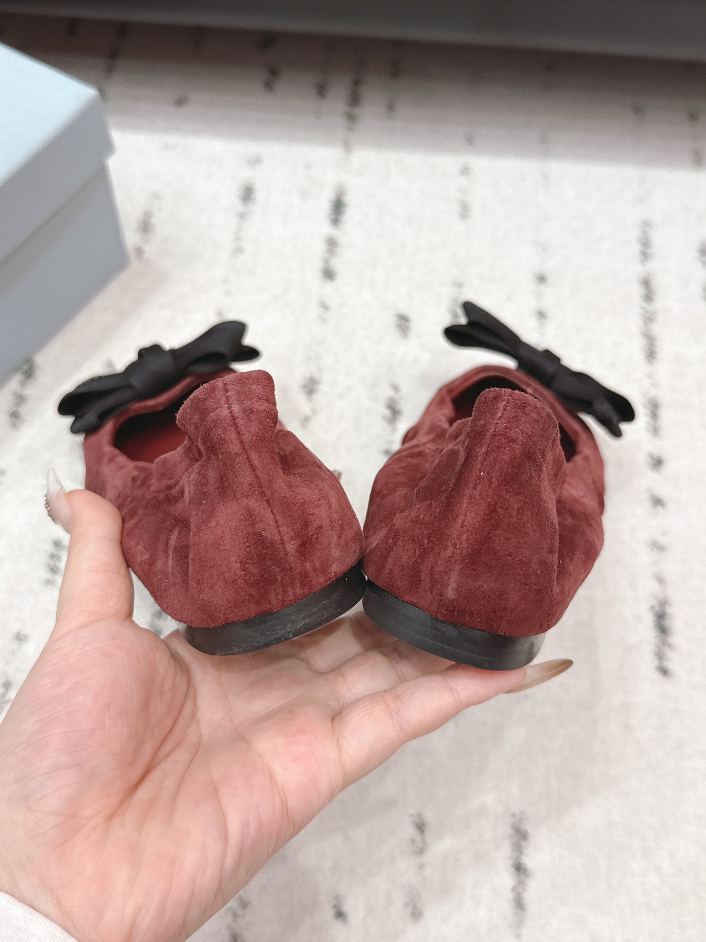 PRADA 26S ROUND TOE FLATS WITH BOW IN DARK RED SUEDE