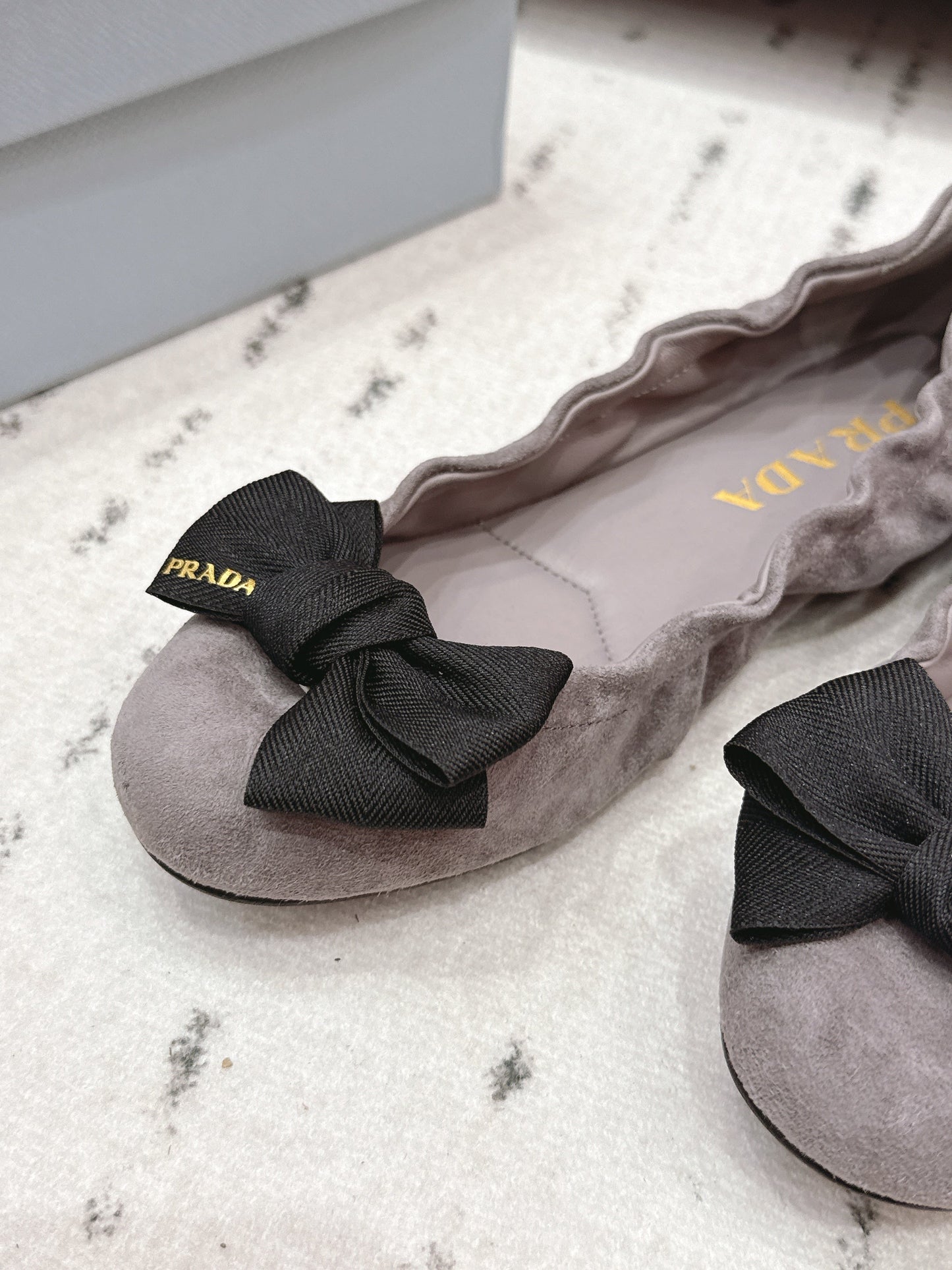 PRADA 26S ROUND TOE FLATS WITH BOW IN TAUPE BROWN SUEDE