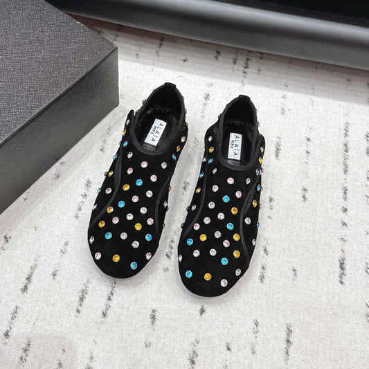ALAIA 26S EMBELLISHED FLATS IN BLACK SUEDE