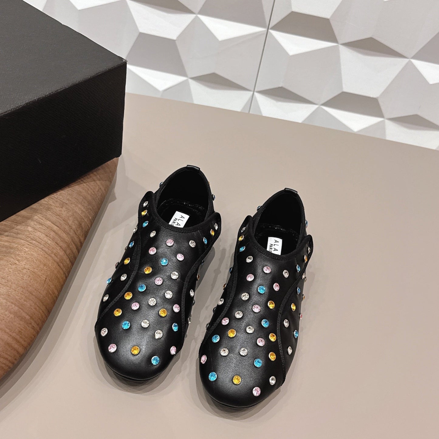 ALAIA 26S EMBELLISHED FLATS IN BLACK LAMBSKIN