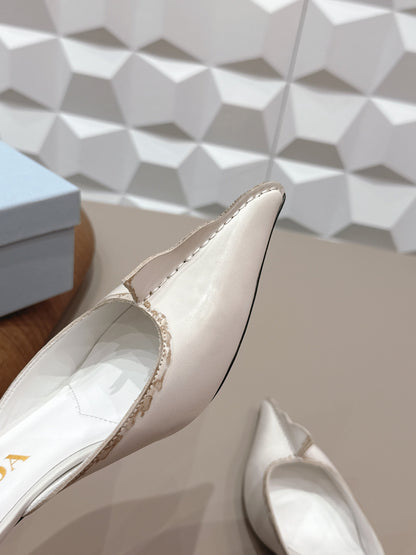 PRADA 26S POINTED TOE LACE TRIM MULES 55MM IN CREAM WHITE CALFSKIN