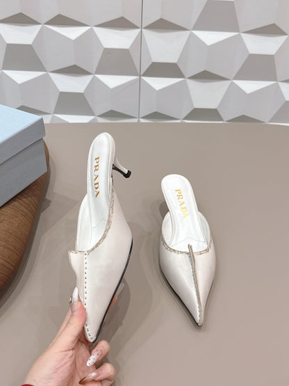 PRADA 26S POINTED TOE LACE TRIM MULES 55MM IN CREAM WHITE CALFSKIN
