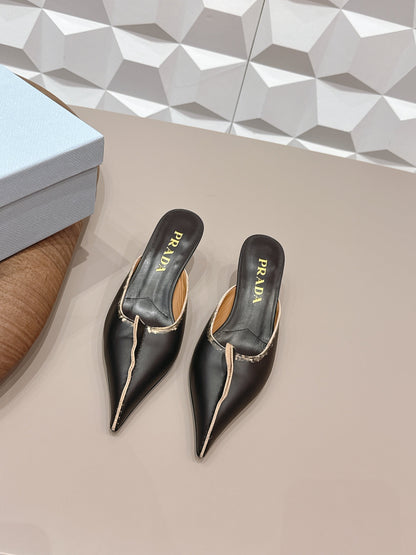 PRADA 26S POINTED TOE LACE TRIM MULES 55MM IN BLACK CALFSKIN