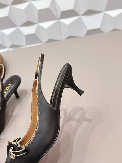 PRADA 26S POINTED TOE SLINGBACK HIGH HEELS 55MM IN BLACK CALFSKIN WITH BOW