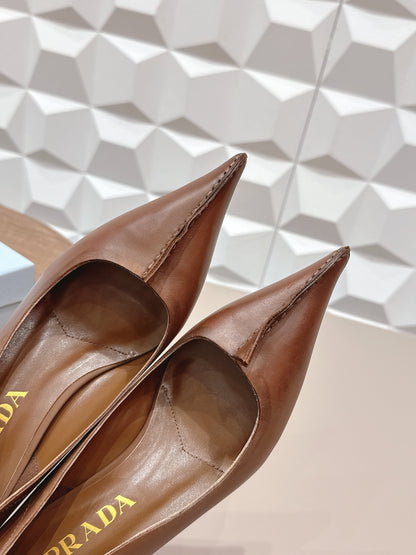 PRADA 26S POINTED TOE HIGH HEELS 55MM IN BROWN CALFSKIN