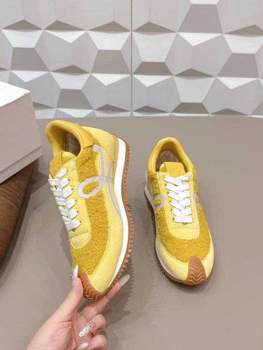 LOEWE 26S FLOW RUNNER SNEAKER IN YELLOW SUEDE AND TEDDY FABRIC AND CALFSKIN
