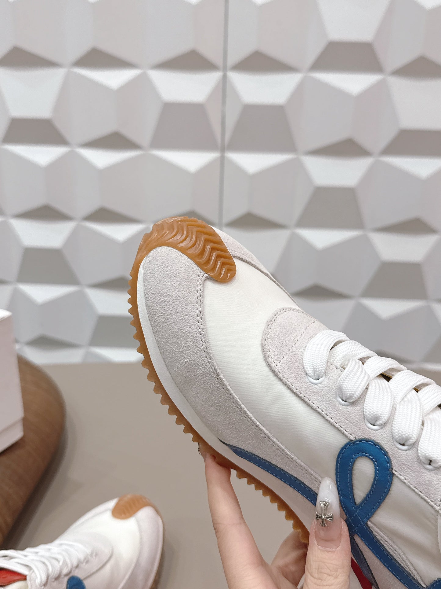 LOEWE 26S FLOW RUNNER SNEAKER IN LIGHT GRAY SUEDE YELLOW AND BLUE CALFSKIN