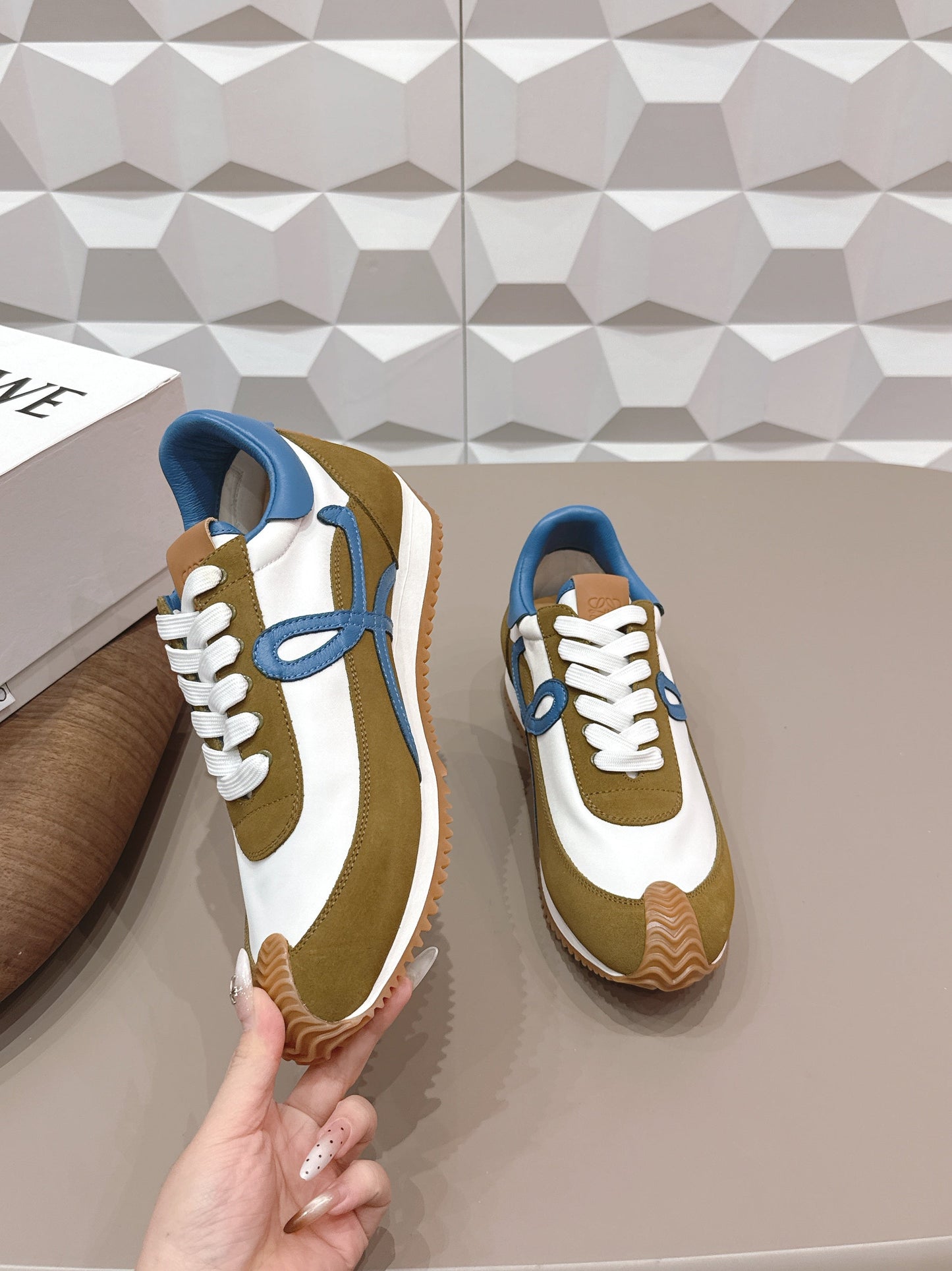 LOEWE 26S FLOW RUNNER SNEAKER IN OLIVE BROWN AND WHITE SUEDE AND BLUE CALFSKIN