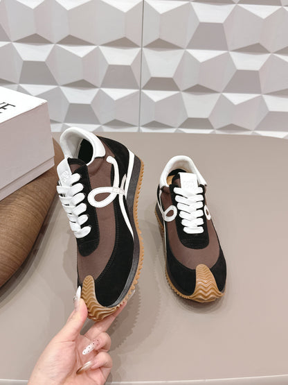 LOEWE 26S FLOW RUNNER SNEAKER IN BLACK AND DARK BROWN SUEDE AND WHITE CALFSKIN