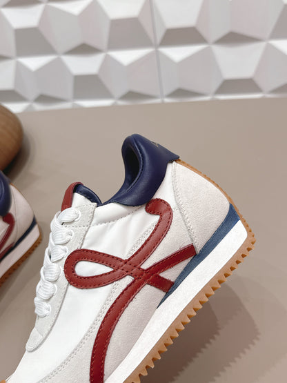 LOEWE 26S FLOW RUNNER SNEAKER IN LIGHT GRAY SUEDE AND NAVY BLUE AND RED CALFSKIN