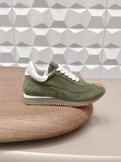LOEWE 26S FLOW RUNNER SNEAKER IN DARK OLIVE GREEN SUEDE AND WHITE CALFSKIN
