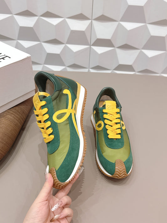 LOEWE 26S FLOW RUNNER SNEAKER IN GREEN AND YELLOW SUEDE AND CALFSKIN