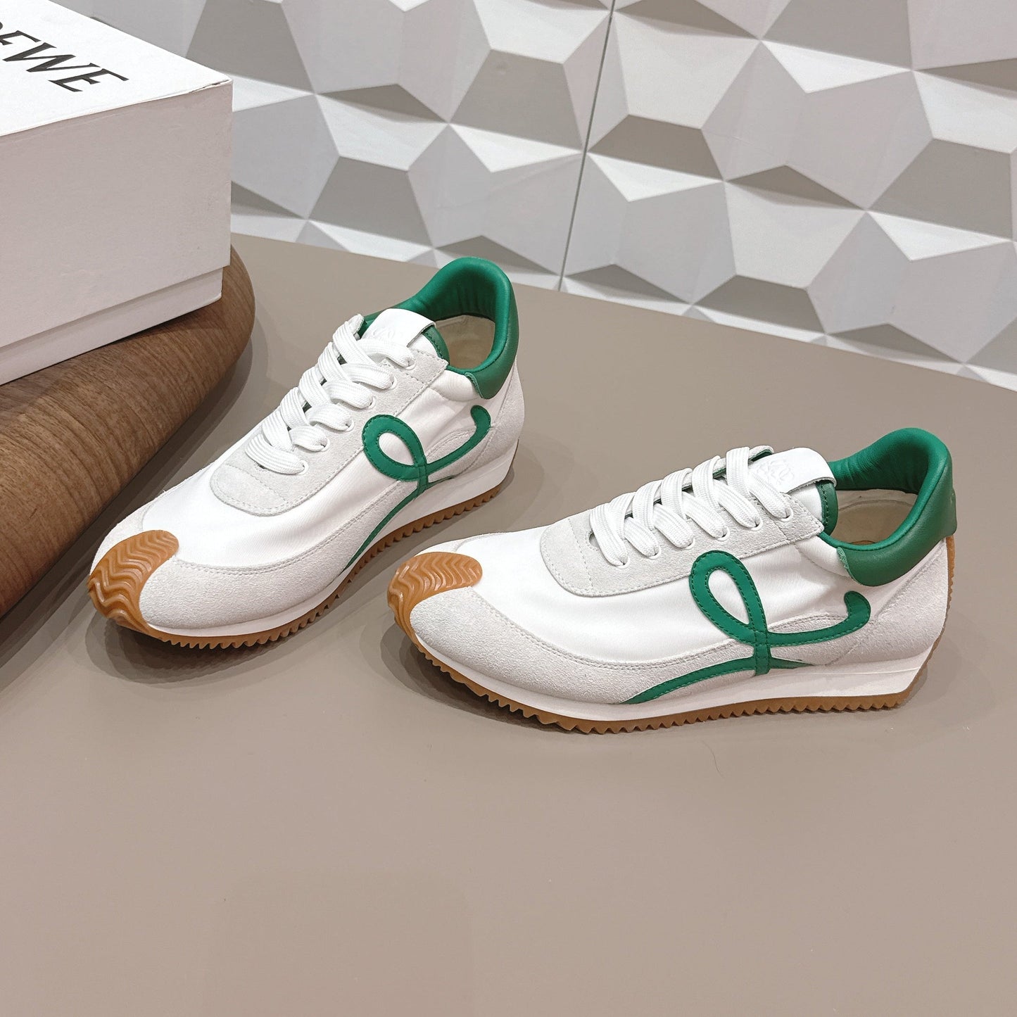 LOEWE 26S FLOW RUNNER SNEAKER IN WHITE SUEDE AND DEEP TEAL GREEN CALFSKIN