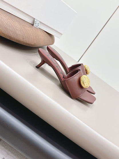 LOEWE 26S SQUARE TOE SANDALS 45MM IN DARK BROWN CALFSKIN GOLD HARDWARE
