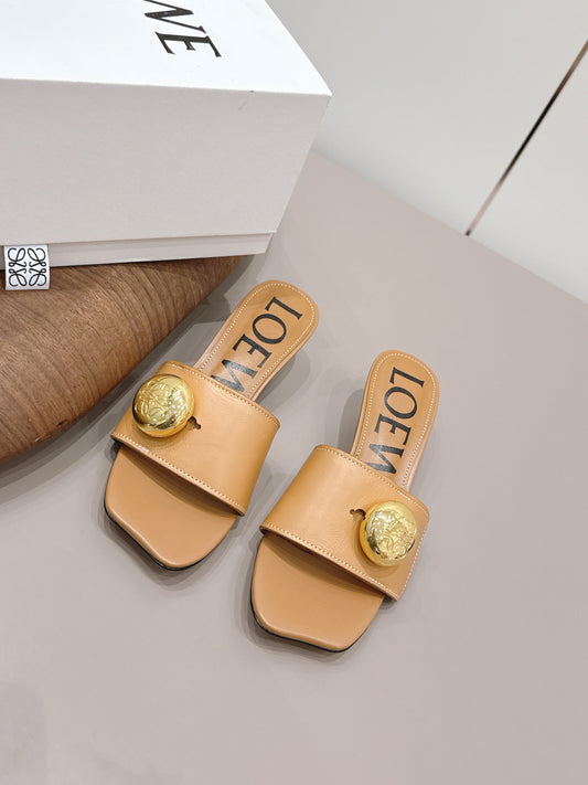 LOEWE 26S SQUARE TOE SANDALS 45MM IN TAN BROWN CALFSKIN GOLD HARDWARE