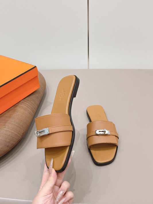 HM 26S GIULIA SANDAL IN TAN BROWN CALFSKIN SILVER HARDWARE