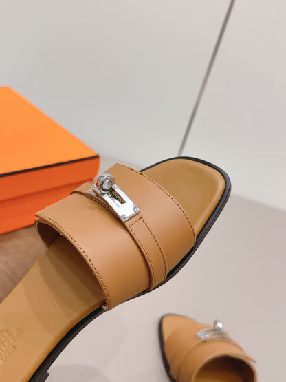 HM 26S GIULIA SANDAL IN TAN BROWN CALFSKIN SILVER HARDWARE