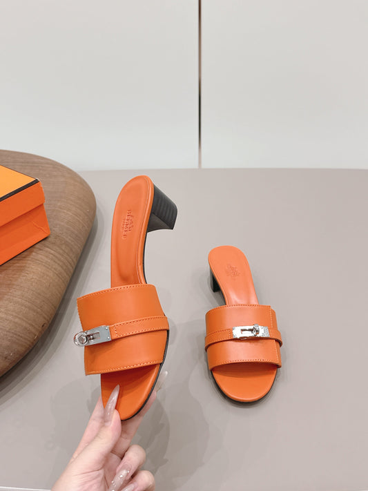 HM 26S KELLY HEEL SANDAL 50MM IN ORANGE CALFSKIN SILVER HARDWARE