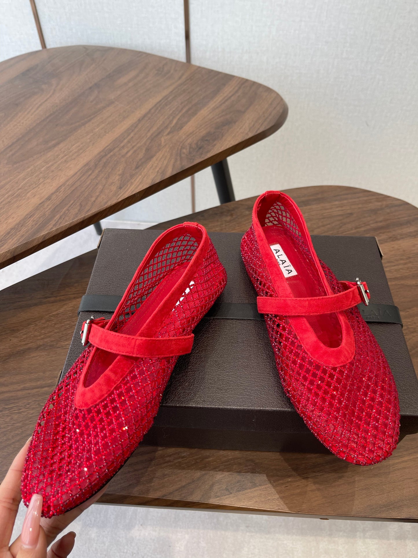 ALAIA 26S MESH FLATS IN RED SUEDE RHINESTONE-EMBELLISHED