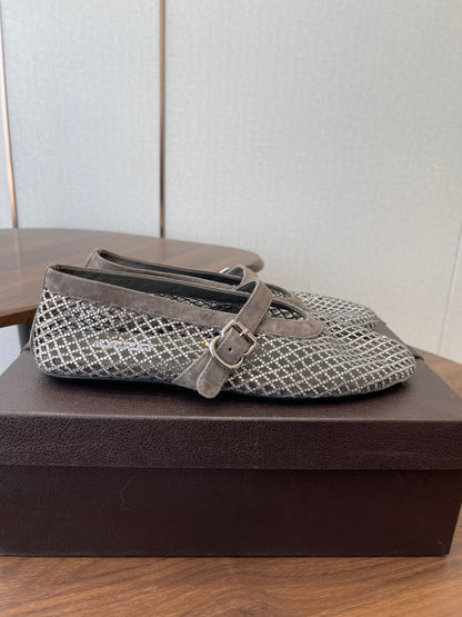 ALAIA 26S MESH FLATS IN BROWN GREY SUEDE RHINESTONE-EMBELLISHED
